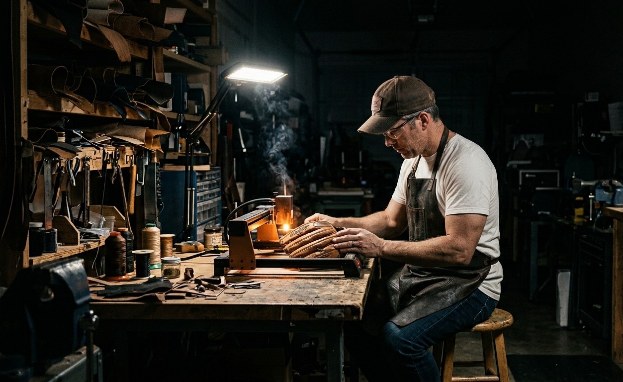 Laser engraver burning a custom name into baseball glove leather